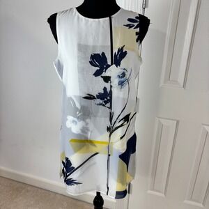 White House Black Market Floral Tunic Blouse Navy Yellow White Sleeveless Size 4